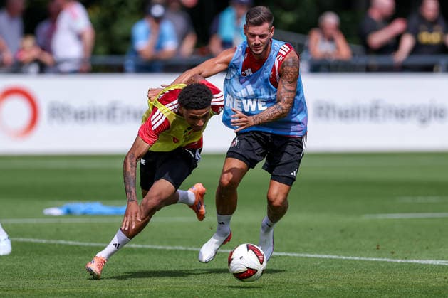 13.07.2026, Fußball, Trainingsauftakt 1.FC Köln, 1. Fußball Bundesliga, Geißbockheim, Saison 2026 2027: Nilas Yacobi im Zweikampf gegen Tom Krauß (1FC Koeln 05) beim ersten Training der neuen Saison 26 27 DFB regulations prohibit any use of photographs as image sequences and or quasi-video. Nordrhein-Westfalen Deutschland *** July 13, 2026, Soccer, 1. FC Köln’s first training session of the season, Bundesliga, Geißbockheim, 2026–2027 Season: Nilas Yacobi in a tackle against Tom Krauß during 1. FC Köln’s first training session of the new 2026–2027 season. DFB regulations prohibit any use of photographs as image sequences and or quasi-video. North Rhine-Westphalia, Germany