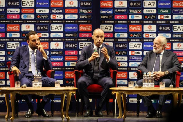 press conference, PK, Pressekonferenz at the San Carlo Theater to present the new SSC Napoli coach, Massimiliano Allegri, pictured with club president Aurelio De Laurentiis, in Naples (Italy) July 14, 2026.  Copyright: xAlessandroxGarofalo LaPressex