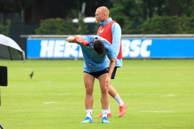 DEU, DFL, 2. FBL Hertha BSC, Training, 14.07.2026, Sportforum, Berlin, DEU, DFL, 2. FBL Hertha BSC, Training, Josip Brekalo (Hertha BSC Berlin 7), Jon Dabur Thorsteinsson (Hertha BSC Berlin 24) DFL - regulations prohibit any use of Photographs as image sequences and or quasi-video *** GER, DFL, 2nd Bundesliga Hertha BSC, Training, July 14, 2026, Sportforum, Berlin, GER, DFL, 2nd Bundesliga Hertha BSC, Training, Josip Brekalo Hertha BSC Berlin 7, Jon Dabur Thorsteinsson Hertha BSC Berlin 24. DFL regulations prohibit any use of photographs as image sequences and or quasi-video. Nordphotox xEngler nph00076