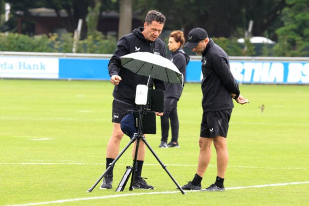 DEU, DFL, 2. FBL Hertha BSC, Training, 14.07.2026, Sportforum, Berlin, DEU, DFL, 2. FBL Hertha BSC, Training, Cheftrainer Stefan Leitl (Hertha BSC Berlin), Konditionstrainer Hendrik Kuchno (Hertha BSC Berlin), Analysegeraet DFL - regulations prohibit any use of Photographs as image sequences and or quasi-video *** GER, DFL, 2nd Bundesliga Hertha BSC, Training, July 14, 2026, Sportforum, Berlin, GER, DFL, 2nd Bundesliga Hertha BSC, Training, Head Coach Stefan Leitl, Hertha BSC Berlin; Conditioning Coach Hendrik Kuchno, Hertha BSC Berlin; Analysis Equipment. DFL regulations prohibit any use of photographs as image sequences and or quasi-video. Nordphotox xEngler nph00076