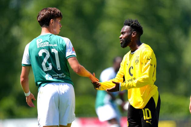 Friendly: FC Dordrecht v Borussia Dortmund II Papendrecht - Martin Vetkal of FC Dordrecht, Joseph Boyamba of Borussia Dortmund II before a friendly match in preperation of the 2026 2027 season. The match is set between FC Dordrecht and Borussia Dortmund II at V.V. Papendrecht on 14 July 2026 in Papendrecht, The Netherlands. (Hero Images Nick Koole) Copyright: xNickxKoolex