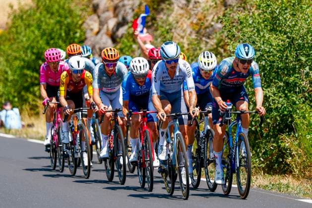 Tour de France 2026 Stage 10 LE LIORAN, FRANCE - JULY 14 : Azparren Xabier Mikel (ESP) of Pinarello - Q36.5 Pro Cycling Team, Vervaeke Louis (BEL) of Soudal Quick-Step in action during stage 10 of the 113rd edition of Tour de France an UCI World Tour 2.UWT cycling road race stage for Men Elite of 167 km with start in Aurillac and finish in Le Lioran on July 14, 2026 in Le Lioran, France, 14 07 2026 Le Lioran France  Copyright: xLucaxBettinix