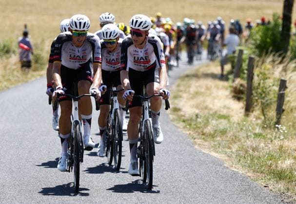 German Nils Politt of UAE Team Emirates XRG and Belgian Florian Vermeersch of UAE Team Emirates XRG pictured in action during the stage 10 of the 2026 Tour de France cycling race, a stage of 167km from Aurillac to Le Lioran, on Tuesday 14 July 2026. The 113th edition of the Tour de France starts on Saturday 4 July in Barcelona, Spain, and will finish in Paris, France on the 26th of July. POOLxLUCAxBETTINI  x181127815x