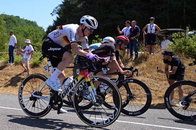German Felix Engelhardt of Team Jayco AlUla pictured in action during the stage 10 of the 2026 Tour de France cycling race, a stage of 167km from Aurillac to Le Lioran, on Tuesday 14 July 2026. The 113th edition of the Tour de France starts on Saturday 4 July in Barcelona, Spain, and will finish in Paris, France on the 26th of July. DAVIDxPINTENS  x181129976x