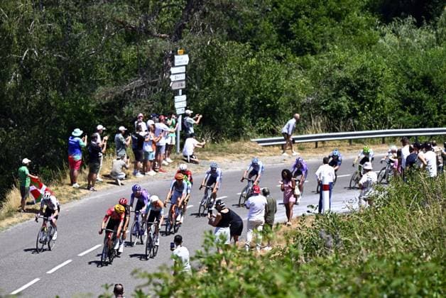 The pack of riders pictured in action during the stage 10 of the 2026 Tour de France cycling race, a stage of 167km from Aurillac to Le Lioran, on Tuesday 14 July 2026. The 113th edition of the Tour de France starts on Saturday 4 July in Barcelona, Spain, and will finish in Paris, France on the 26th of July. JASPERxJACOBS  x181130129x