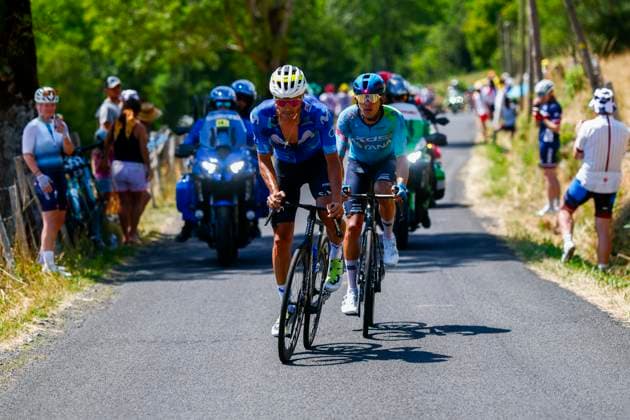Tour de France 2026 Stage 10 LE LIORAN, FRANCE - JULY 14 : Romo Javier (ESP) of Movistar Team, Tejada Harold (COL) of XDS Astana Team in action during stage 10 of the 113rd edition of Tour de France an UCI World Tour 2.UWT cycling road race stage for Men Elite of 167 km with start in Aurillac and finish in Le Lioran on July 14, 2026 in Le Lioran, France, 14 07 2026 Le Lioran France  Copyright: xLucaxBettinix