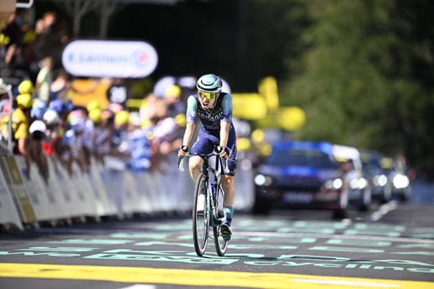Tour de France 2026 Stage 10 LE LIORAN, FRANCE - JULY 14 : Rider of Team Bahrain - Victorious at the finish line during stage 10 of the 113rd edition of Tour de France an UCI World Tour 2.UWT cycling road race stage for Men Elite of 167 km with start in Aurillac and finish in Le Lioran on July 14, 2026 in Le Lioran, France, 14 07 2026 Le Lioran France  Copyright: xTomasxSiskx