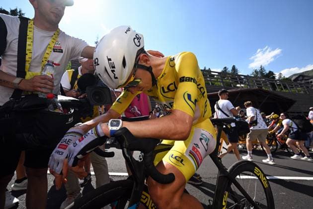 Slovenian Tadej Pogacar of UAE Team Emirates-XRG celebrates after winning the stage 10 of the 2026 Tour de France cycling race, a stage of 167km from Aurillac to Le Lioran, on Tuesday 14 July 2026. The 113th edition of the Tour de France starts on Saturday 4 July in Barcelona, Spain, and will finish in Paris, France on the 26th of July. POOLxSZYMONxGRUCHALSKI  x181133072x