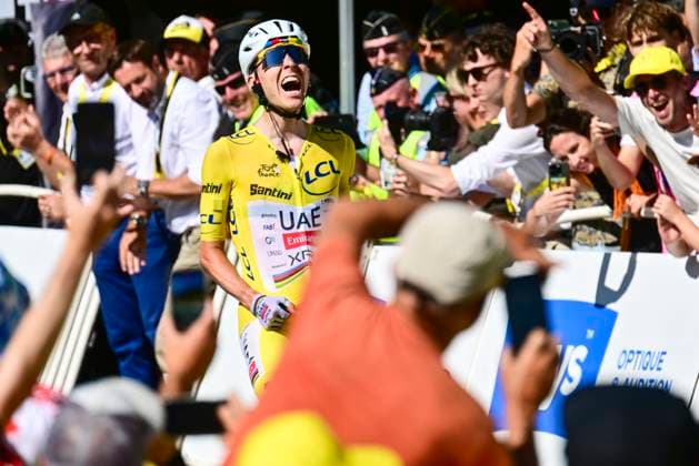 Tour de France 2026 Stage 10 LE LIORAN, FRANCE - JULY 14 : Pogacar Tadej (SLO) of UAE Team Emirates XRG celebrating his victory during stage 10 of the 113rd edition of Tour de France an UCI World Tour 2.UWT cycling road race stage for Men Elite of 167 km with start in Aurillac and finish in Le Lioran on July 14, 2026 in Le Lioran, France, 14 07 2026 Le Lioran France  Copyright: xPeterxDexVoechtx