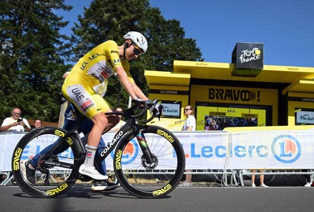 Slovenian Tadej Pogacar of UAE Team Emirates XRG crosses the finish line of the stage 10 of the 2026 Tour de France cycling race, a stage of 167km from Aurillac to Le Lioran, on Tuesday 14 July 2026. The 113th edition of the Tour de France starts on Saturday 4 July in Barcelona, Spain, and will finish in Paris, France on the 26th of July. DAVIDxPINTENS  x181133305x