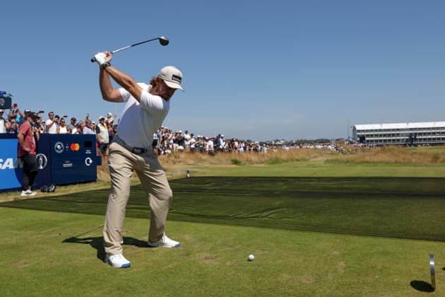 RECORD DATE NOT STATED 14th July 2026; Royal Birkdale Golf Club, Southport, Merseyside, England; The Open Championship Practice Day Three; Tommy Fleetwood (ENG) plays from the tee at the par three 15th hole DavidxBlunsden