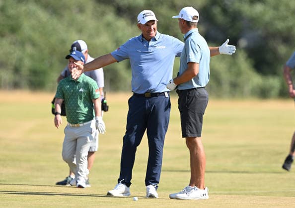 Padraig Harrington (IRE) and Jordan Speith (USA) in the Hero Challenge 154th Open Golf Championships, Royal Birkdale, Southport, UK - 14 Jul 2026Southport Royal Birkdale United Kingdom  Copyright: xGreigxCowie Shutterstockx 16988289ey