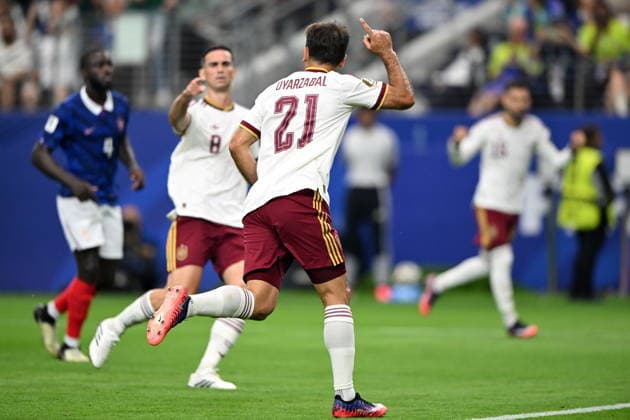 FIFA World Cup, WM, Weltmeisterschaft, Fussball 2026 semifinals - France vs Spain Mikel Oyarzabal of Spain celebrates scoring the 0-1 goal during the FIFA World Cup 2026 semifinals match France against Spain, in Dallas, Texas, USA, 14 July 2026. DALLAS United States  Copyright: xALBERTxPENAx
