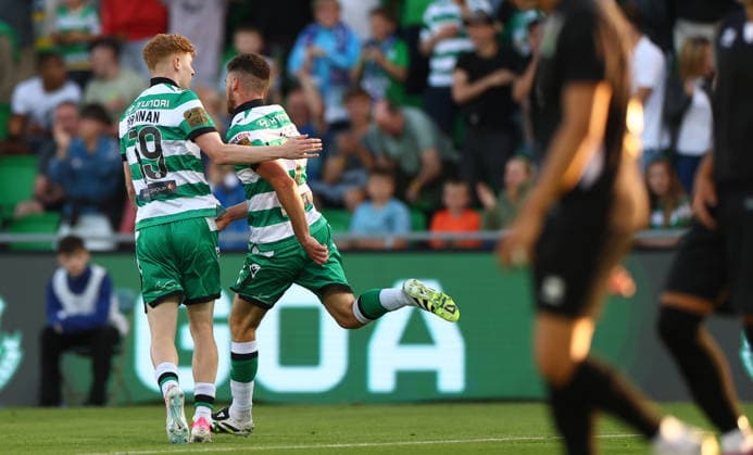 UEFA Champions League First Qualifying Round Second Leg, Tallaght Stadium, Dublin 14 7 2026 Shamrock Rovers vs Floriana Rover™s Adam Brennan celebrates with goal scorer Dylan Watts Adam Brennan celebrates with goal scorer Dylan Watts 14 7 2026  Copyright: xx JFD11054