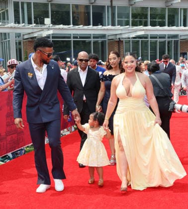 Otto Lopez 6 of the Miami Marlins and family arrives on the red carpet at the 2026 MLB, Baseball Herren, USA All Star Red Carpet Show in Philadelphia, Pennsylvania, on Tuesday, July 14, 2026.  PHI202607142050 LAURENCExKESTERSON