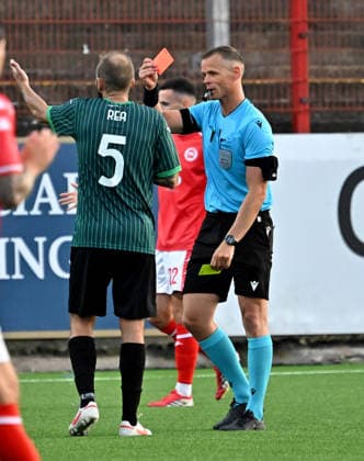 UEFA Champions League First Qualifying Round Second Leg, Inver Park, Belfast, Northern Ireland 14 7 2026 Larne vs Tre Fiori Tre Fiori™s Simone Rea gets sent off Simone Rea gets sent off 14 7 2026  Copyright: xStephenxHamilton Inphox Larne v Tre Fiori-035