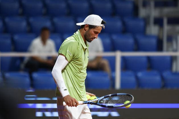 Titouan Droguet v Alexander Blockx: ATP, Tennis Herren Croatia Open Umag Titouan Droguet of France competes during the first round match against Alexander Blockx of Belgium at the ATP Croatia Open Umag at Stadium Goran Ivanisevic on July 14, 2026. in Umag, Croatia.  SreckoxNiketic PIXSELL