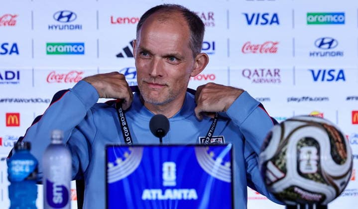FIFA World Cup, WM, Weltmeisterschaft, Fussball 2026 - England press conference, PK, Pressekonferenz England™s head coach Thomas Tuchel attends a press conference in Atlanta, Georgia, USA, 14 July 2026. England will face Argentina on 15 July in thier FIFA World Cup 2026 semi final match. Atlanta United States  Copyright: xRONALDxWITTEKx