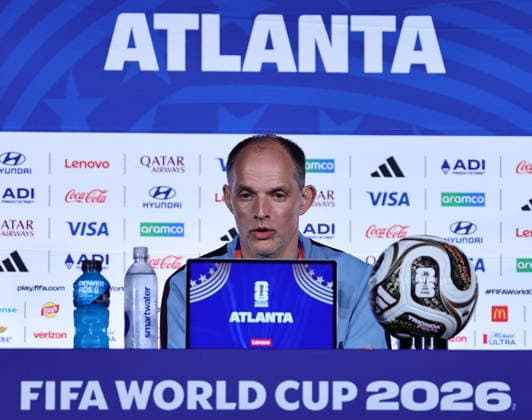 FIFA World Cup, WM, Weltmeisterschaft, Fussball 2026 - England press conference, PK, Pressekonferenz England™s head coach Thomas Tuchel gives a press conference in Atlanta, Georgia, USA, 14 July 2026. England will face Argentina on 15 July in thier FIFA World Cup 2026 semi final match. Atlanta United States  Copyright: xRONALDxWITTEKx