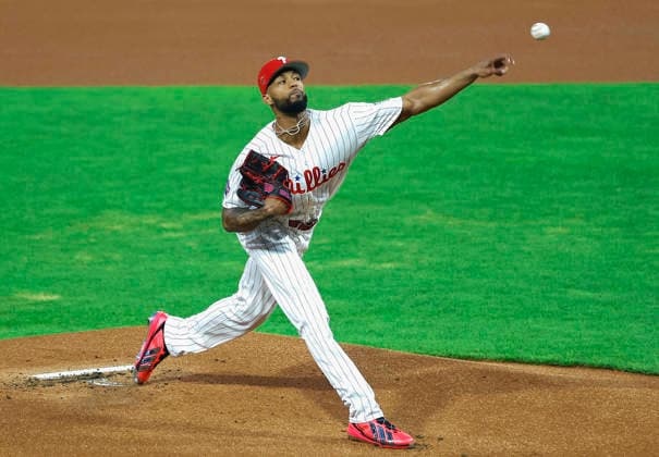 National League starting pitcher Cristopher Sanchez throws against the American League in the first inning of the 2026 MLB, Baseball Herren, USA All-Star Game at Citizens Bank Park in Philadelphia, Pennsylvania, on Tuesday, July 14, 2026.  PHI20260714911 LAURENCExKESTERSON