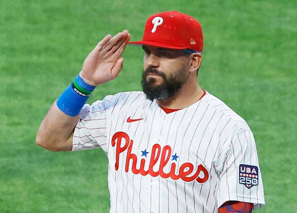 Philadelphia Phillies Kyle Schwarber is introduced before the start of the 2026 MLB, Baseball Herren, USA All-Star Game at Citizens Bank Park in Philadelphia, Pennsylvania, on Tuesday, July 14, 2026.  PHI20260714903 LAURENCExKESTERSON