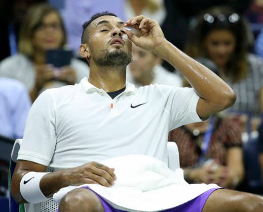 USA TENNIS US OPEN GRAND SLAM 2019 US Open Tennis Championships epa07809090 Nick Kyrgios of Australia applies eye drops to his eyes during a break in his match against Andrey Rublev of Russia during a match on day six of the US Open Tennis Championships at the USTA National Tennis Center in Flushing Meadows, New York, USA, 31 August 2019. The US Open runs from 26 August through to 08 September 2019. New York United States  Copyright: xJASONxSZENESx