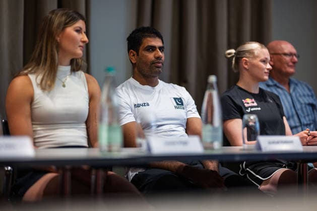 LUCERNE, SWITZERLAND - JULY 15: Pakistani javelin thrower and Olympic champion Arshad Nadeem during the Spitzenleichtathletik Luzern - press conference, PK, Pressekonferenz at the Hotel Continental Park on July 15, 2026 in Lucerne, Switzerland. Lucerne Switzerland Copyright: xBEAUTIFULxSPORTS TobiasxLacknerx