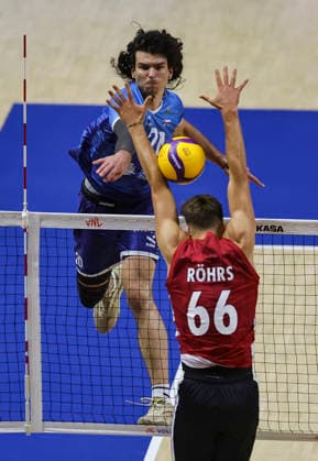 Men s Volleyball Nations League - Belgrade 2026 Slovenia s Nik Mujanovic spikes the ball against Germany s Erik Rohrs during the MenÕs Volleyball Nations League Pool 7 match between Germany and Slovenia at Belgrade Arena on July 15, 2026 in Belgrade, Serbia. Belgrade Serbia Copyright: xSrdjanxStevanovicx x