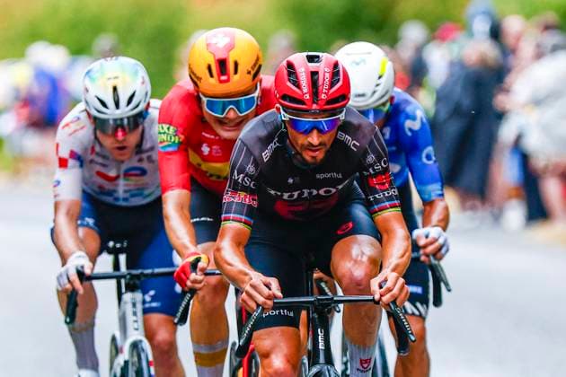 Sport Bilder des Tages Tour de France 2026 Stage 11 NEVERS, FRANCE - JULY 15 : Alaphilippe Julian (FRA) of Tudor Pro Cycling Team leading the escape pack during stage 11 of the 113rd edition of Tour de France an UCI World Tour 2.UWT cycling road race stage for Men Elite of 161 km with start in Vichy and finish in Nevers on July 15, 2026 in Nevers, France, 15 07 2026 Nevers France  Copyright: xLucaxBettinix