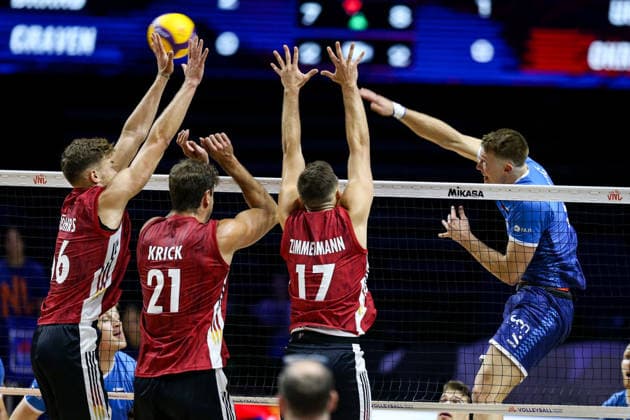 Germany v Slovenia - Men s Volleyball Nations League BELGRADE, SERBIA - JULY 15: Krick, Zimmermann of Germany competes during the Men s Volleyball Nations League match between Germany and Slovenia on July 15, 2026 in Belgrade, Serbia. Filip Stevanovic Anadolu Belgrade Serbia. Editorial use only. Please get in touch for any other usage.  Copyright: x2026xAnadoluxFilipxStevanovicx
