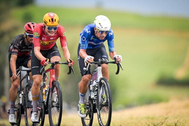 Danish Anthon Charmig of Uno-X Mobility and Portuguese Nelson Oliveira of Movistar Team pictured in action during the stage 11 of the 2026 Tour de France cycling race, a stage of 161km from Vichy to Nevers, on Wednesday 15 July 2026. The 113th edition of the Tour de France starts on Saturday 4 July in Barcelona, Spain, and will finish in Paris, France on the 26th of July. DAVIDxPINTENS  x181186182x