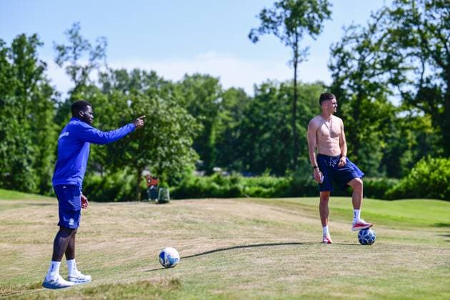 Gent s Wilfried Kanga and Gent s Maksim Paskotsi pictured during a teambuilding activity at the summer training camp of Belgian first division soccer team KAA Gent in De Lutte, Losser, the Netherlands on Wednesday 15 July 2026, to prepare for the upcoming 2026-2027 season. TOM GOYVAERTS TomxGoyvaerts  x181186344x