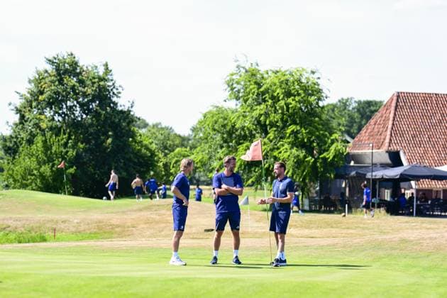 Gent s assistant coach Hans Cornelis, Gent s head coach Rik De Mil and Gent s assistant coach Dwight Waeytens pictured during a teambuilding activity at the summer training camp of Belgian first division soccer team KAA Gent in De Lutte, Losser, the Netherlands on Wednesday 15 July 2026, to prepare for the upcoming 2026-2027 season. TOM GOYVAERTS TomxGoyvaerts  x181186424x