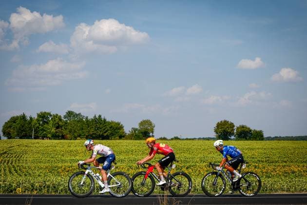 French Mathis Le Berre of TotalEnergies, Danish Anthon Charmig of Uno-X Mobility and Portuguese Nelson Oliveira of Movistar Team pictured in action during the stage 11 of the 2026 Tour de France cycling race, a stage of 161km from Vichy to Nevers, on Wednesday 15 July 2026. The 113th edition of the Tour de France starts on Saturday 4 July in Barcelona, Spain, and will finish in Paris, France on the 26th of July. POOLxLUCAxBETTINI  x181188020x