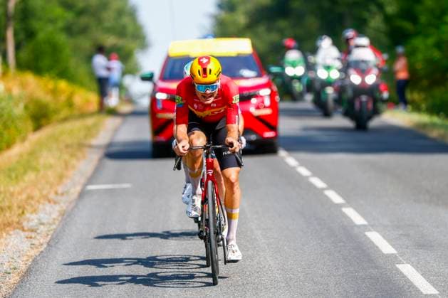 Tour de France 2026 Stage 11 NEVERS, FRANCE - JULY 15 : Charmig Anthon (DEN) of Uno-X Mobility leading the escape pack during stage 11 of the 113rd edition of Tour de France an UCI World Tour 2.UWT cycling road race stage for Men Elite of 161 km with start in Vichy and finish in Nevers on July 15, 2026 in Nevers, France, 15 07 2026 Nevers France  Copyright: xLucaxBettinix