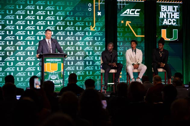 July 15, 2026: Miami head coach Mario Cristobal talks to the media during the 2026 ACC Football Kickoff at Hilton Uptown Charlotte in Charlotte, NC. ( CSM) Charlotte United States - ZUMAc04_ 20260715_zma_c04_035 Copyright: xScottxKinserx