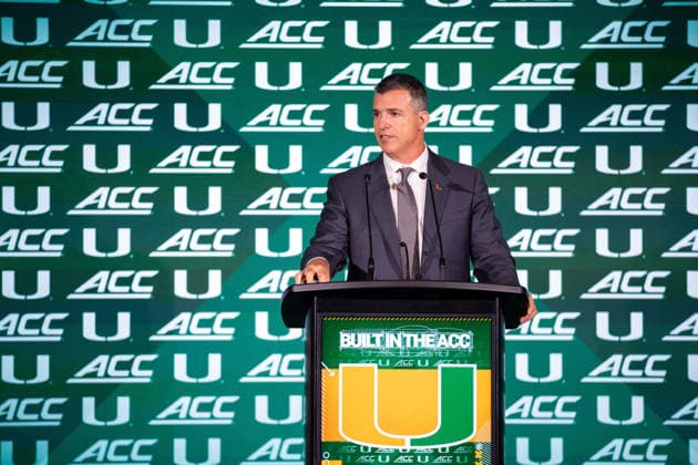July 15, 2026: Miami head coach Mario Cristobal talks to the media during the 2026 ACC Football Kickoff at Hilton Uptown Charlotte in Charlotte, NC. ( CSM) Charlotte United States - ZUMAc04_ 20260715_zma_c04_040 Copyright: xScottxKinserx