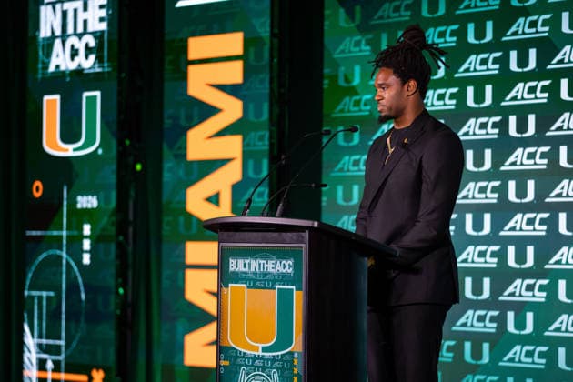 July 15, 2026: Miami running back Mark Fletcher Jr. during the 2026 ACC Football Kickoff at Hilton Uptown Charlotte in Charlotte, NC. ( CSM) Charlotte United States - ZUMAc04_ 20260715_zma_c04_047 Copyright: xScottxKinserx