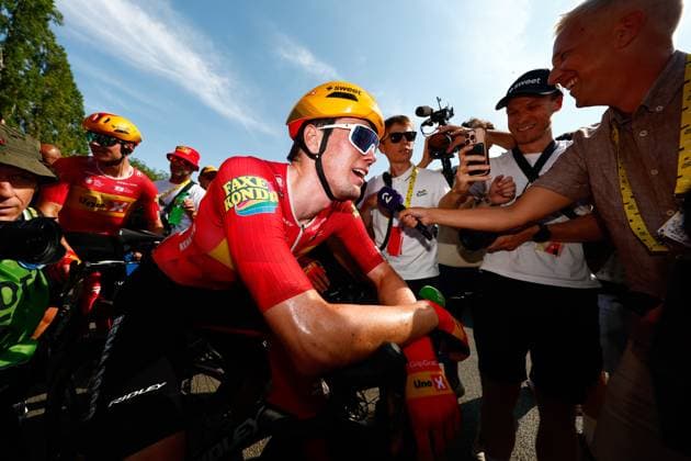 Norwegian Soren Waerenskjold of Uno-X Mobility celebrates after winning the stage 11 of the 2026 Tour de France cycling race, a stage of 161km from Vichy to Nevers, on Wednesday 15 July 2026. The 113th edition of the Tour de France starts on Saturday 4 July in Barcelona, Spain, and will finish in Paris, France on the 26th of July. POOLxLUCAxBETTINI  x181190241x