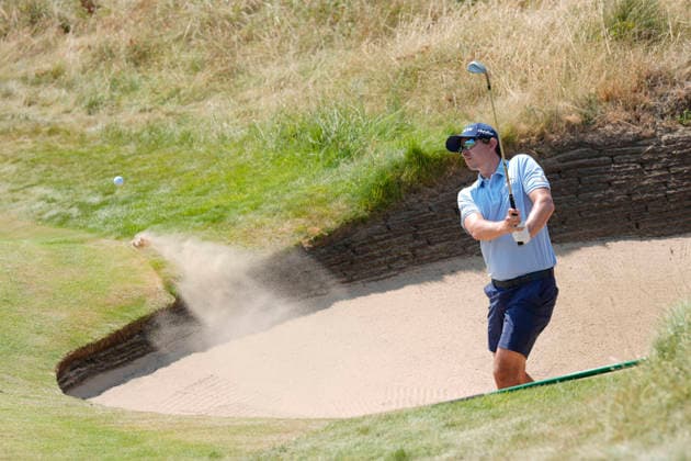 SOUTHPORT, ENGLAND - JULY 15: Nico Echavarria (COL) plays from a green side bunker on the 10th hole during practice at the 154th Open Championship at the Royal Birkdale Golf Club, Southport on July 15, 2026 in Merseyside, England The 154th British Open Championship