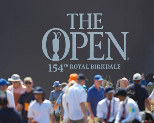 SOUTHPORT, ENGLAND - JULY 15: The Open signage during practice at the 154th Open Championship at the Royal Birkdale Golf Club, Southport on July 15, 2026 in Merseyside, England The 154th British Open Championship