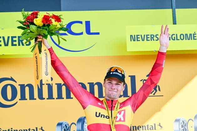 Tour de France 2026 Stage 11 NEVERS, FRANCE - JULY 15 : Waerenskjold Soren (NOR) of Uno-X Mobility on the podium during stage 11 of the 113rd edition of Tour de France an UCI World Tour 2.UWT cycling road race stage for Men Elite of 161 km with start in Vichy and finish in Nevers on July 15, 2026 in Nevers, France, 15 07 2026 Nevers France  Copyright: xPeterxDexVoechtx