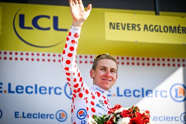 Slovenian Tadej Pogacar of UAE Team Emirates XRG celebrates in the red polka-dot jersey for best climber after the stage 11 of the 2026 Tour de France cycling race, a stage of 161km from Vichy to Nevers, on Wednesday 15 July 2026. The 113th edition of the Tour de France starts on Saturday 4 July in Barcelona, Spain, and will finish in Paris, France on the 26th of July. DAVIDxPINTENS  x181191776x