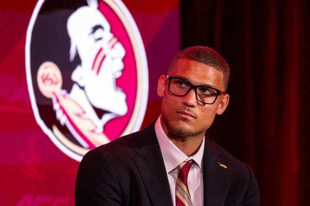 July 15, 2026: Florida State wide receiver Duce Robinson talks to the media at the 2026 ACC Football Kickoff at Hilton Uptown Charlotte in Charlotte, NC. ( CSM) Charlotte United States - ZUMAc04_ 20260715_zma_c04_071 Copyright: xScottxKinserx