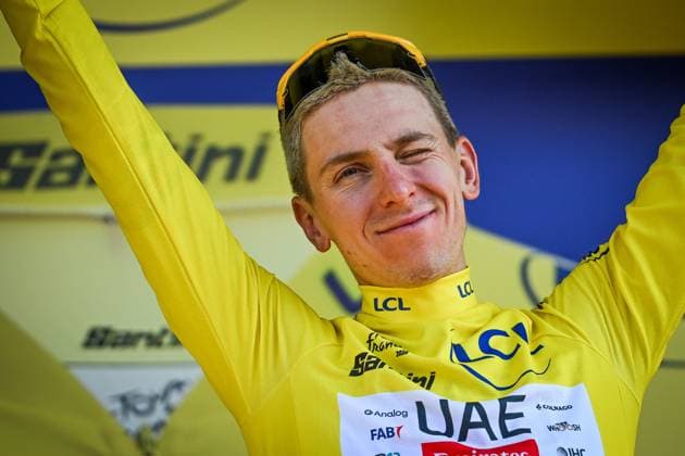 Slovenian Tadej Pogacar of UAE Team Emirates XRG celebrates in the yellow jersey of leader in the overall ranking after the stage 11 of the 2026 Tour de France cycling race, a stage of 161km from Vichy to Nevers, on Wednesday 15 July 2026. The 113th edition of the Tour de France starts on Saturday 4 July in Barcelona, Spain, and will finish in Paris, France on the 26th of July. DAVIDxPINTENS  x181194289x