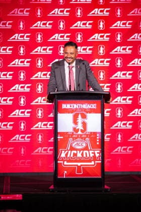 July 15, 2026: Stanford head coach Tavita Pritchard talks to the media at the 2026 ACC Football Kickoff at Hilton Uptown Charlotte in Charlotte, NC. ( CSM) Charlotte United States - ZUMAc04_ 20260715_zma_c04_088 Copyright: xScottxKinserx