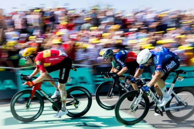 Norwegian Soren Waerenskjold of Uno-X Mobility, Dutch Olav Kooij of Decathlon CMA CGM Team and Belgian Jasper Philipsen of Alpecin-Premier Tech sprint to the finish of the stage 11 of the 2026 Tour de France cycling race, a stage of 161km from Vichy to Nevers, on Wednesday 15 July 2026. The 113th edition of the Tour de France starts on Saturday 4 July in Barcelona, Spain, and will finish in Paris, France on the 26th of July. JASPERxJACOBS  x181196834x