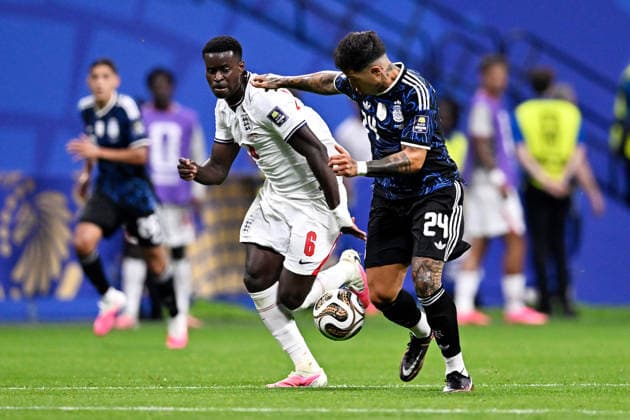2026-07-15 England v Argentina - Semi Final - FIFA World Cup, WM, Weltmeisterschaft, Fussball 2026 ATLANTA, UNITED STATES - JULY 15: Marc Guehi of England, Enzo Fernandez of Argentina during the Semi Final - FIFA World Cup 2026 match between England and Argentina at Atlanta Stadium on July 15, 2026 in Atlanta, Georgia. (Photo by Pablo Morano BSR Agency) Atlanta United States Content not available for redistribution in The Netherlands directly or indirectly through any third parties. Copyright: xBSRxAgencyx