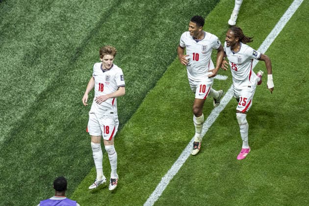 Anthony Gordon of England celebrates after scoring team s first goal during the FIFA World Cup, WM, Weltmeisterschaft, Fussball 2026 Semifinal match between England and Argentina at Atlanta Stadium on July 15th,2026 (Photo by Joao Bravo Sports Press Photo  Copyright: xJoaoxBravo SportsxPressxPhotox Sportspressphoto_SPR191456