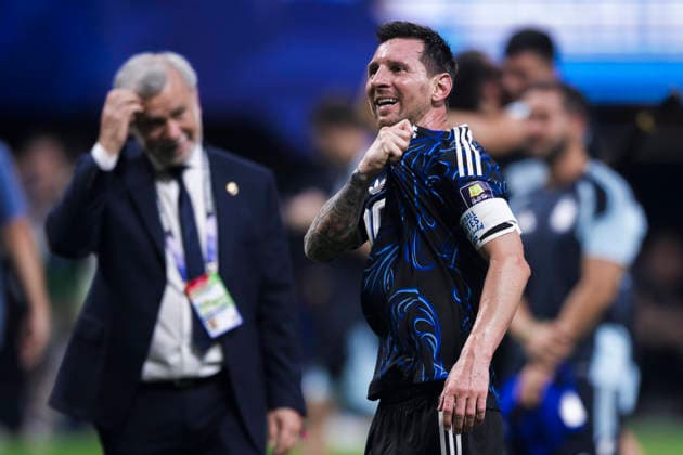 England v Argentina - FIFA World Cup, WM, Weltmeisterschaft, Fussball 2026 Lionel Messi of Argentina celebrates the victory at the end of the FIFA World Cup 2026 semi final football match between England and Argentina. Atlanta United States Copyright: xNicolòxCampox